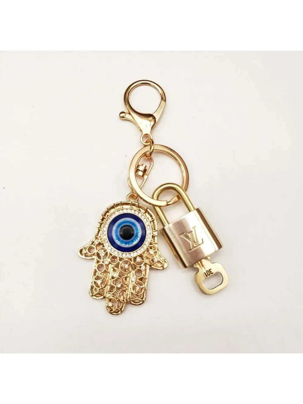 LV Authentic Gold Padlock 🔒 Key Set w/ Unbranded Evil Eye Keychain Charm